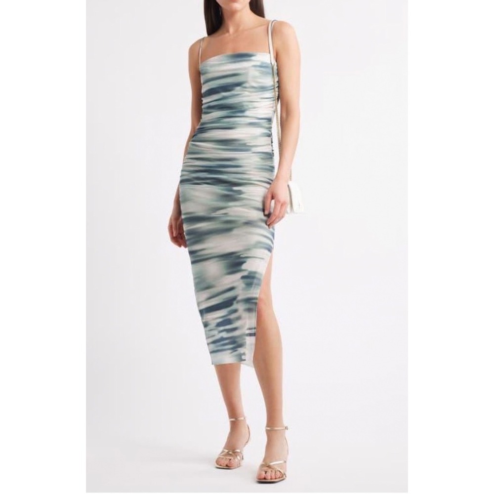 Open Edit Ruched Mesh Midi Dress Large Sage Green Abstract Cowl Neck Slit
